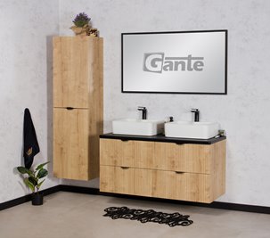 Szafka łazienkowa z dwiema białymi umywalkami wisząca dąb naturalny 120 cm Brendo Gante