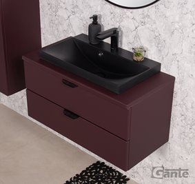 Burgundowa szafka łazienkowa wisząca z czarną umywalką nablatową czarny uchwyt 80 cm Magnolia
