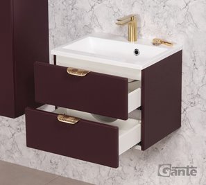 Burgundowa szafka łazienkowa wisząca z umywalką złoty uchwyt 50 cm Magnolia