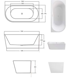 Wanna przyścienna czarno-biała narożna prawa syfon z przelewem chrom 150 cm Zoya B&W Besco WAS-150ZBP