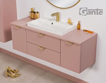 Szafka łazienkowa pudrowy róż z umywalką nablatową złoty uchwyt 120 cm Magnolia Gante
