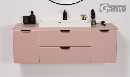 Szafka łazienkowa pudrowy róż z umywalką nablatową czarny uchwyt 120 cm Magnolia Gante