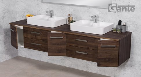 Szafka łazienkowa wisząca z umywalką nablatową 210 cm 50/2 Fokus kolor orzech