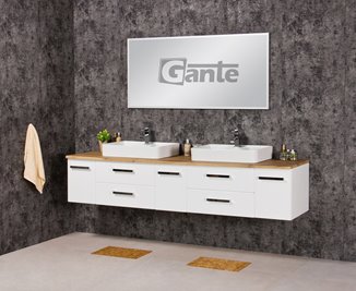 Szafka wisząca z dwiema umywalkami nablatowymi 210 cm z blatem w kolorze dąb naturalny 210/39/C2 seria Fokus B