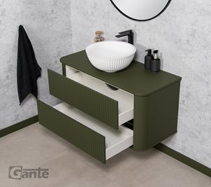 Szafka łazienkowa wisząca ryflowane fronty z umywalką LILIA 100 cm oliwkowy mat z umywalką Gante