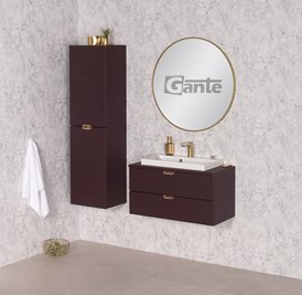 Burgundowa szafka łazienkowa wisząca z białą umywalką nablatową złoty uchwyt 80 cm Magnolia