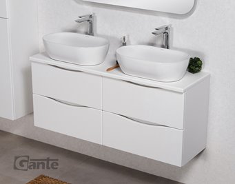 Szafka łazienkowa wisząca ONDA 120 cm biała z dwiema z umywalkami Gante