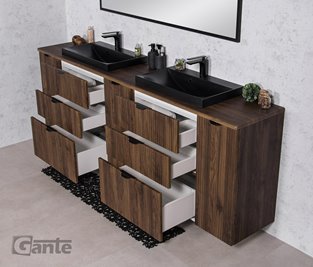 Szafka łazienkowa z lamelami wisząca z dwiema czarnymi umywalkami nablatowymi 210 cm 39/3 Victa Lamello kolor orzech