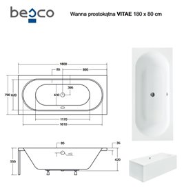 Czarno-biała wanna prostokątna z obudową akrylowa Vitae Besco 180 cm