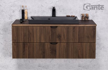 Szafka łazienkowa z lamelami wisząca z czarną umywalką nablatową 100 cm 39/2 Victa Lamello kolor orzech