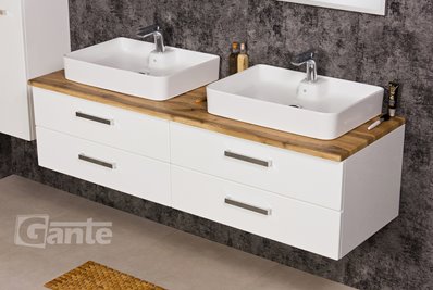 Szafka wisząca z dwiema umywalkami 160/50 cm blat dąb naturalny seria Fokus B