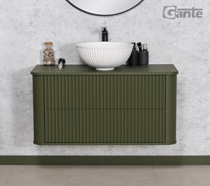 Szafka łazienkowa wisząca ryflowane fronty z umywalką LILIA 100 cm oliwkowy mat z umywalką Gante