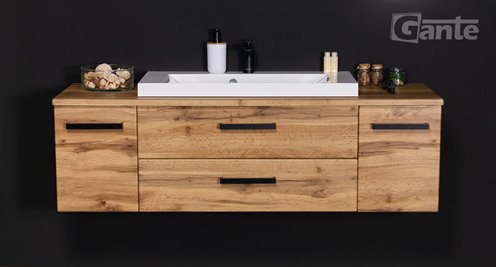 Szafka wisząca z białą umywalką nablatową 140 cm kolor dąb naturalny seria Fokus Loft Gante