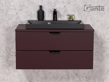 Burgundowa szafka łazienkowa wisząca z czarną umywalką nablatową czarny uchwyt 80 cm Magnolia