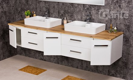 Szafka wisząca z dwiema umywalkami nablatowymi 210 cm z blatem w kolorze dąb naturalny 210/39/C2 seria Fokus B