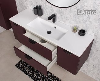 Burgundowa szafka łazienkowa wisząca z umywalką czarny uchwyt 120 cm Magnolia