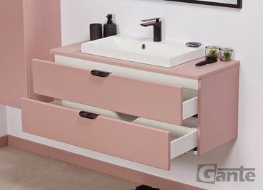 Szafka łazienkowa pudrowy róż z umywalką nablatową czarny uchwyt 100 cm Magnolia Gante