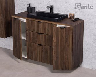 Szafka łazienkowa z lamelami wisząca z czarną umywalką nablatową 120 cm 39/3 Victa Lamello kolor orzech