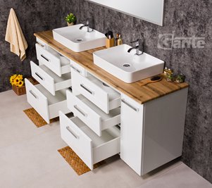 Szafka wisząca z dwiema umywalkami nablatowymi 210 cm z blatem w kolorze dąb naturalny 210/39/C3 seria Fokus B