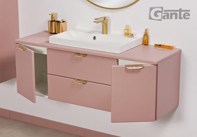 Szafka łazienkowa pudrowy róż z umywalką nablatową złoty uchwyt 120 cm Magnolia Gante