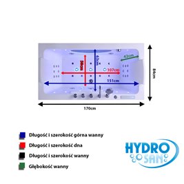 Wanna prostokątna z hydromasażem 170x84 cm Iris 933C Hydrosan