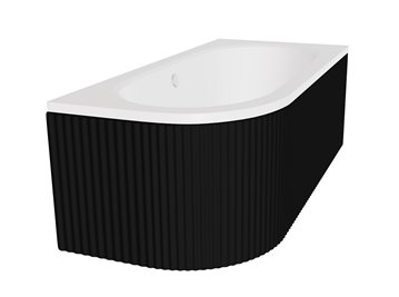 Czarno-biała ryflowana wanna asymetryczna akrylowa z obudową Avita Besco 150 cm Prawa