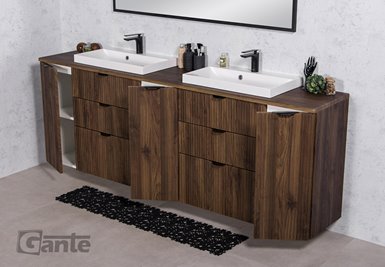 Szafka łazienkowa z lamelami wisząca z dwiema umywalkami nablatowymi 210 cm 39/3 Victa Lamello kolor orzech