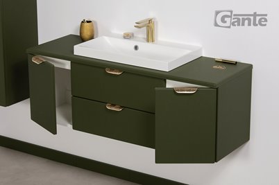 Oliwkowa szafka łazienkowa wisząca z białą umywalką nablatową złoty uchwyt 120 cm Magnolia