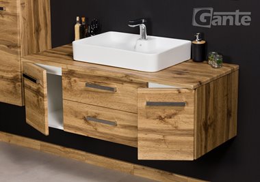 Szafka wisząca z umywalką nablatową kolor dąb naturalny 120 cm seria Fokus NE