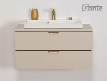 Piaskowa szafka łazienkowa wisząca z białą umywalką nablatową złoty uchwyt 80 cm Magnolia