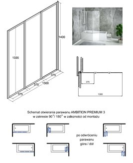 Parawan wannowy 3 skrzydłowy Ambition Premium 3