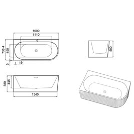 Wanna ryflowana przyścienna narożna lewa korek oraz przelew złoty szczotkowany 160 cm Rio Hydrosan