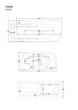 Wanna akrylowa, przyścienna wolnostojąca szeroka krawędź Mono Corsan 150 cm korek klik-klak grafit