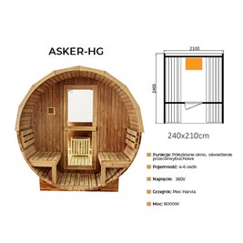 Sauna fińska ogrodowa zewnętrzna beczka 6 osobowa 210x240 Asker-HG