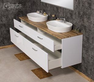 Szafka łazienkowa wisząca z dwiema umywalkami nablatowymi 200 cm SETTO MODULO kolor biały połysk