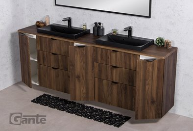 Szafka łazienkowa z lamelami wisząca z dwiema czarnymi umywalkami nablatowymi 210 cm 39/3 Victa Lamello kolor orzech