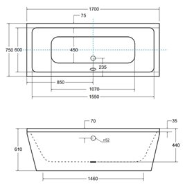 Wanna wolnostojąca przyścienna + klik-klak chrom Vena Besco 170 cm WKVE-170-WS