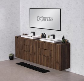 Szafka łazienkowa z lamelami wisząca z dwiema umywalkami nablatowymi 210 cm 39/3 Victa Lamello kolor orzech