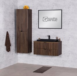 Szafka łazienkowa z lamelami wisząca z czarną umywalką nablatową 80 cm 39/2 Victa Lamello kolor orzech