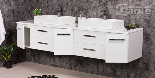 Szafka wisząca z dwiema umywalkami nablatowymi 210 cm z blatem w kolorze białym 210/39/C2 seria Fokus B