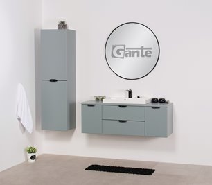 Miętowa szafka łazienkowa wisząca z białą umywalką nablatową czarny uchwyt 120 cm Magnolia