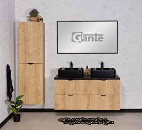 Szafka łazienkowa z dwiema czarnymi umywalkami wisząca dąb naturalny 120 cm Brendo Gante