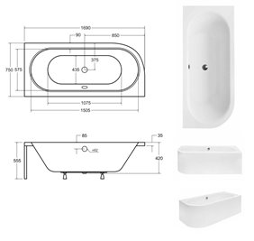 Czarno-biała wanna asymetryczna akrylowa z obudową Avita Besco 170 cm Prawa