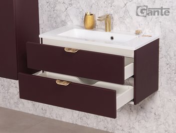Burgundowa szafka łazienkowa wisząca z umywalką złoty uchwyt 80 cm Magnolia