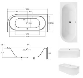 Czarno-biała wanna asymetryczna akrylowa z obudową Avita Besco 170 cm Lewa