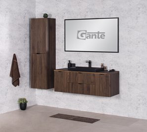 Szafka łazienkowa z lamelami wisząca z czarną umywalką nablatową 120 cm 39/2 Victa Lamello kolor orzech