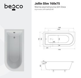 Wanna akrylowa do zabudowy asymetryczna Jollin Slim Besco 160 cm Lewa zdjęcie 4