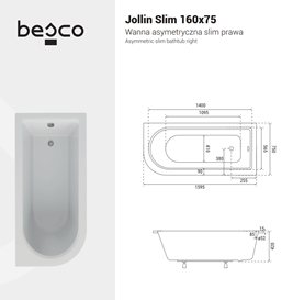 Wanna akrylowa do zabudowy asymetryczna Jollin Slim Besco 160 cm Prawa zdjęcie 4