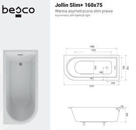 Wanna akrylowa do zabudowy asymetryczna Jollin Slim+ Besco 160 cm Prawa zdjęcie 3