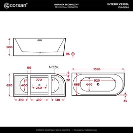 Wanna narożna przyścienna 140 cm Intero V230 Corsan Lewa zdjęcie 31